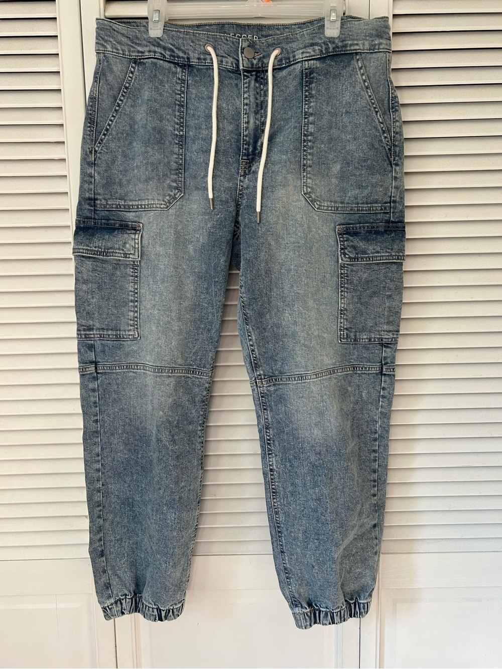 Womens Washed Blue Cropped Cargo Jeans with Drawstring Waist